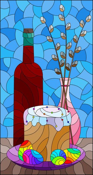 Illusztráció a stílus egy festett üveg ablak egy húsvéti csendélet, egy üveg cahors, fűzfa és egy sütemény a kék háttér - Vektor, kép