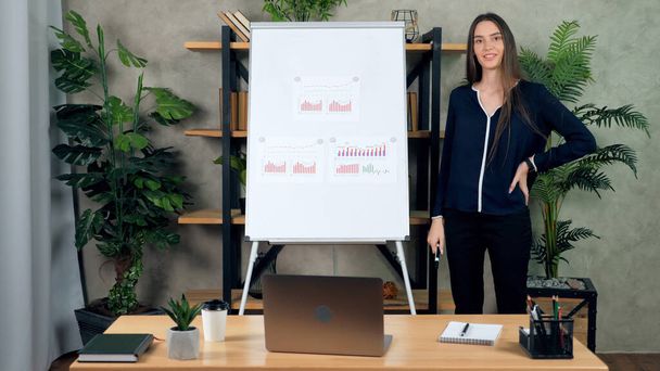 Smiling woman teacher stands near flip chart listen students remote video call - Photo, image
