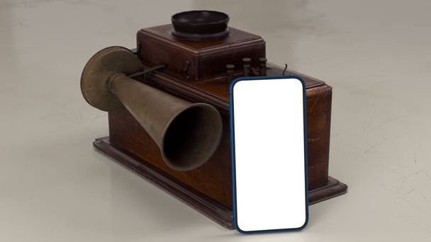 古い電話の前に携帯電話。アプリのショーケースのモックアップ。3Dレンダリング.  - 写真・画像