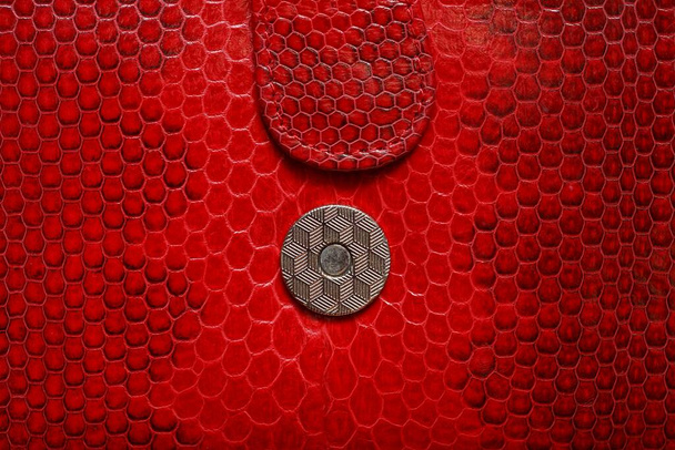 eine runde metallgraue Niete auf rotem Lederetui mit Geschirr - Foto, Bild