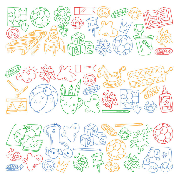 Vector pattern with boys and girls. Kindergarten and toys. Happy childhood and creativity with imagitanion. - Vektor, Bild