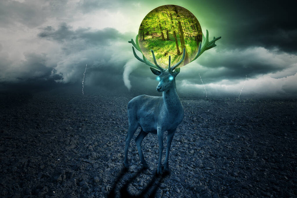 3d illustration of deer with glass ball in antlers on deserted area background - Photo, Image