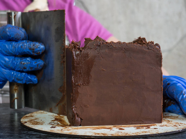 Pasta şefi kız ganache sürülmüş çikolatalı kek yapıyor. - Fotoğraf, Görsel