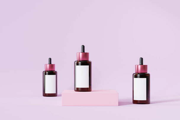 Botellas burlón con etiqueta para productos cosméticos, plantilla o publicidad, fondo rosa, ilustración 3d render - Foto, Imagen