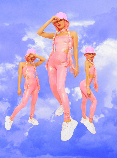 Contemporary digital collage art. Summer girls back in 90s pop zine culture in clouds space. Pink dreamers concept - Φωτογραφία, εικόνα