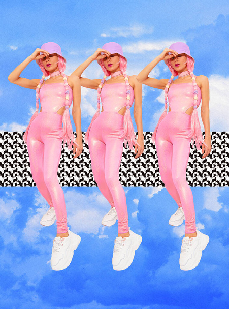Contemporary digital collage art. Summer girls back in 90s pop zine culture in clouds space. Pink dreamers Lady concept - 写真・画像