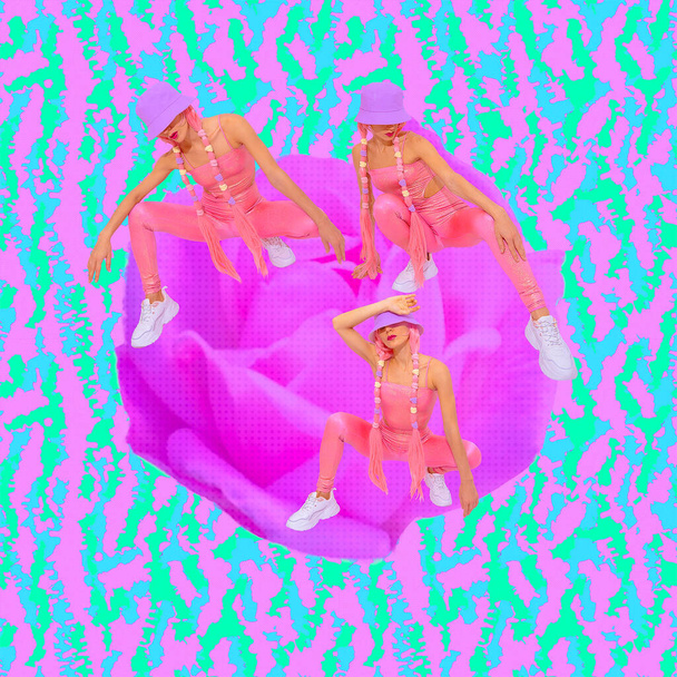 Contemporary digital collage art.  Girls back in 90s pop zine culture in abstract flowers space. Dreamers Bloom Lady concept - Zdjęcie, obraz