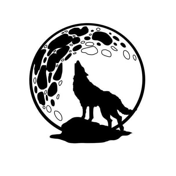 černá a bílá kresba silueta vlka na pozadí měsíce - Fotografie, Obrázek