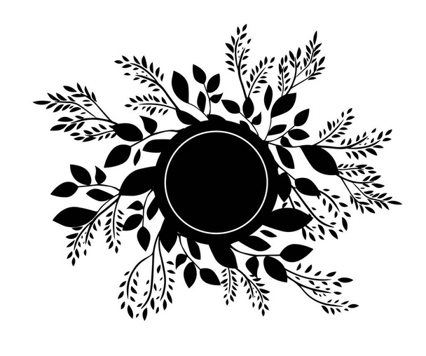 Telaio nero rotondo di foglie e ramoscelli. Illustrazione vettoriale - Vettoriali, immagini