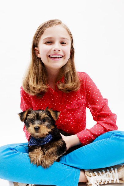 Young girl with  puppy, cute Yorkshire terrier  - best friends - Foto, Bild