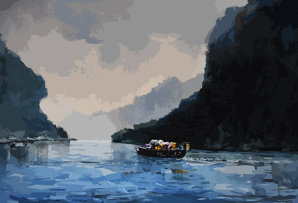 Pittura ad acquerello piroscafo in mare con bellissimo cielo paesaggio illustrazione Premium Vector - Vettoriali, immagini