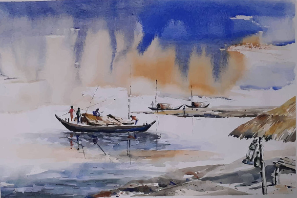 Natureza aquarela desenhada à mão e barco no mar Vetor Premium - Vetor, Imagem