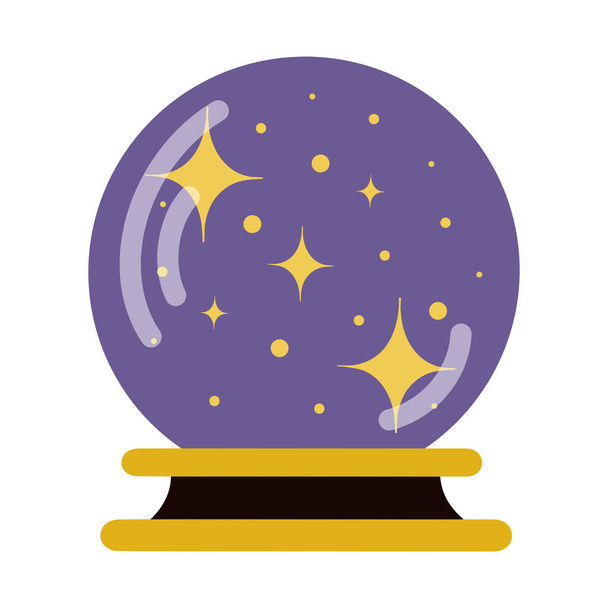 Ilustración vectorial de una bola púrpura de predicciones con estrellas. Una bola de fortuna en un estrado. Icono aislado sobre fondo blanco. Ilustración plana simple - Vector, imagen