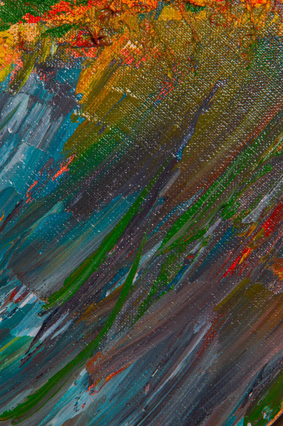 Fondo creativo abstracto: manchas de pintura al óleo aburridas y caóticas sobre lienzo de lino antes de cebado tonal - Foto, Imagen