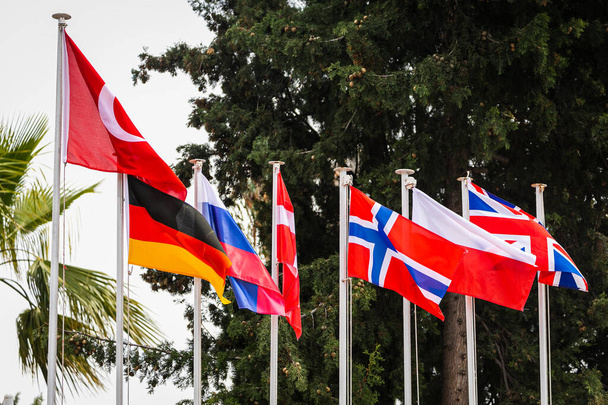 Fila de banderas nacionales en los asta de bandera: Turquía, Alemania, Rusia, Dinamarca, Noruega, Polonia, Gran Bretaña en el fondo de los árboles - Foto, Imagen