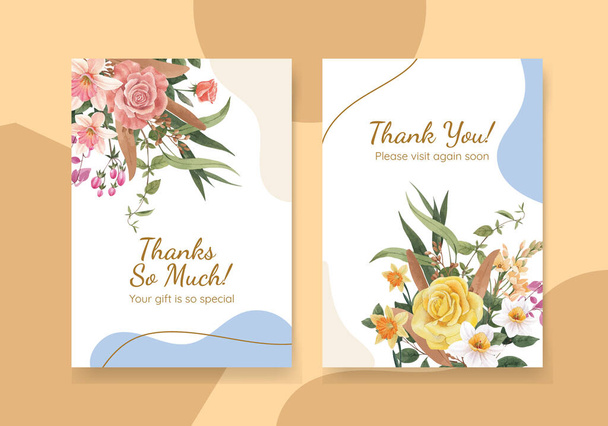 Plantilla de tarjeta de agradecimiento con concepto de flor de primavera, estilo acuarela - Vector, imagen
