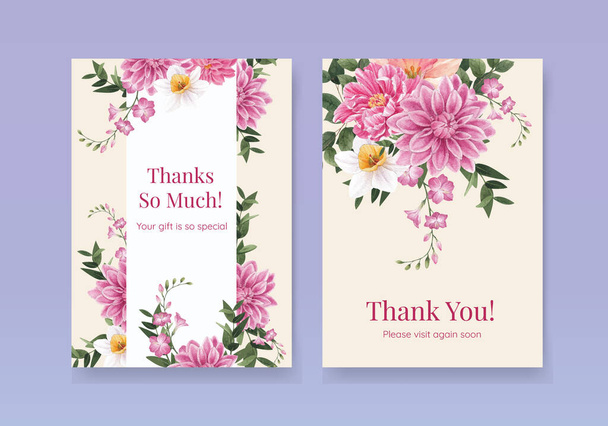 Thank you card template with spring flower concept,watercolor styl - Vector, Image