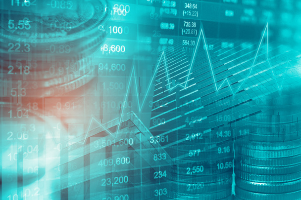 Beursinvestering trading financiële, munt en grafiek grafiek of Forex voor het analyseren van de winstfinanciering business trend gegevens achtergrond. - Foto, afbeelding