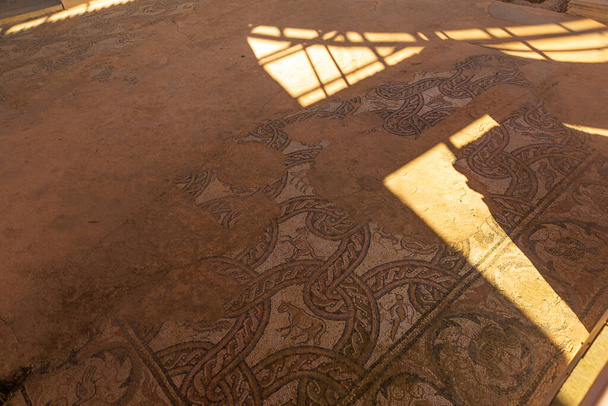 OHRID, NORTH MACEDONIA: Ancient Greek mosaics on the territory of Plaoshnik. Church of Saints Clement church in Ohrid. UNESCO World Heritage Site - Fotoğraf, Görsel
