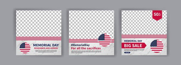 Cartão Memorial Day exibida com a bandeira nacional dos Estados Unidos da América. Modelos de mídia social para o dia comemorativo. - Vetor, Imagem