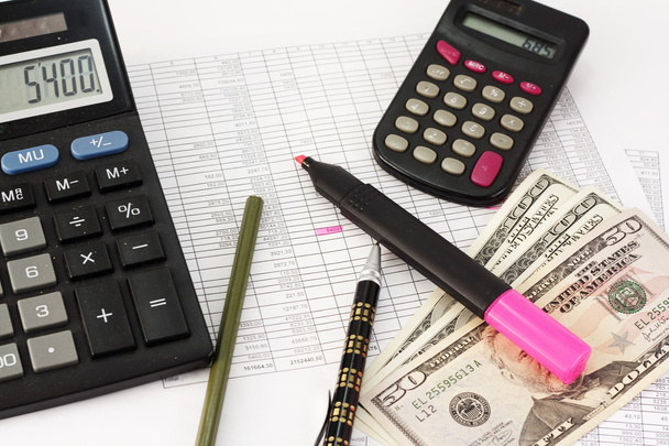 Account statements, credit calculations, calculators, pen and dollar bills - Photo, Image