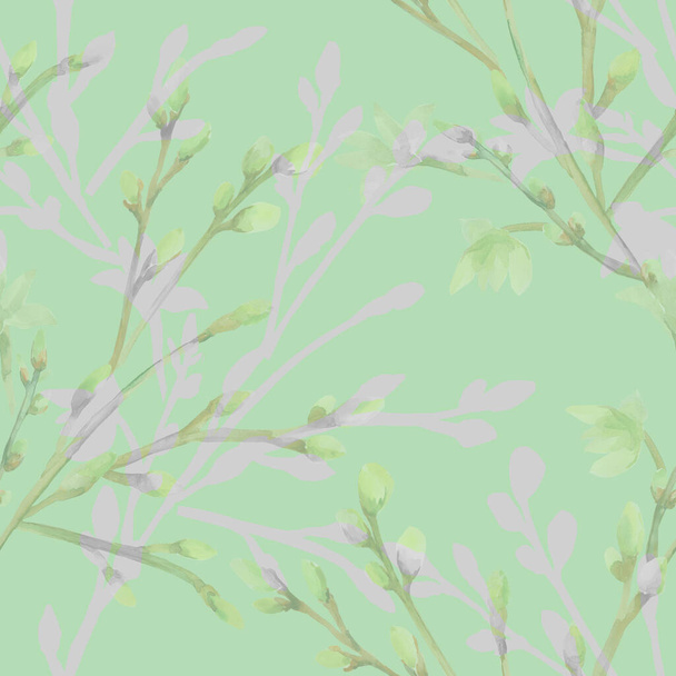 Watercolor illustration of a flowering branch.The motive of the tree branch, the image on a white and colored background.Seamless pattern. - 写真・画像