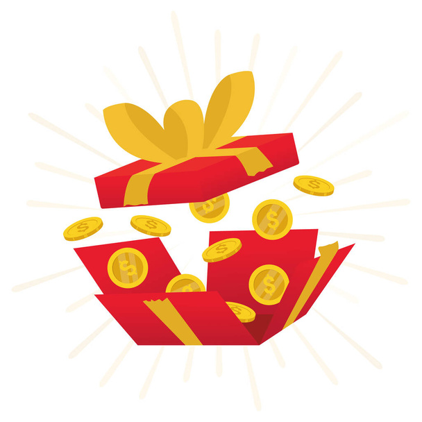 Boîte rouge ouverte, Boîte cadeau rouge ouverte et confettis, Gagner, loterie, quiz - Vecteur, image