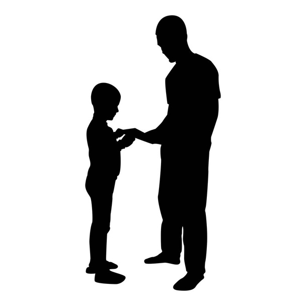 Чоловік силует передає речі хлопчикові батько чоловік дає книгу гаджет смартфон син діти беруть щось тато відносини сімейне концепція дитяча дружба малюк тато чорний колір Векторні ілюстрації плоский стиль простого зображення
 - Вектор, зображення