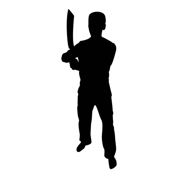 Silhouette man with sword machete cold weapons in hand military man soldier serviceman in various positions hunter with knife fight poses strong defender warrior concept weaponry standing black color vector illustration flat style simple image - Vektor, kép