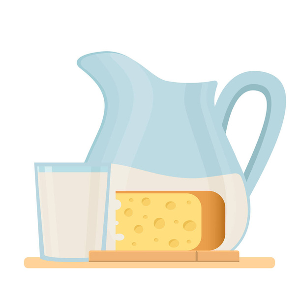 Čerstvé ekologické mléčné výrobky se sýrem a mlékem v džbánu. Izolovaná vektorová ilustrace, symbol, objekt, samolepka, designový prvek pro menu, plakát, štítek, obal. - Vektor, obrázek