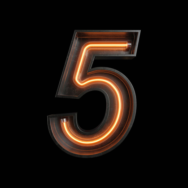 Number 5, Alphabet made from Neon Light with clipping path. 3D illustration - Photo, Image