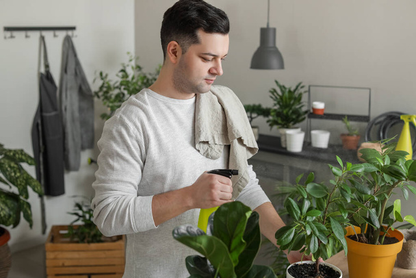 Young man taking care of plants at home - Foto, Imagem