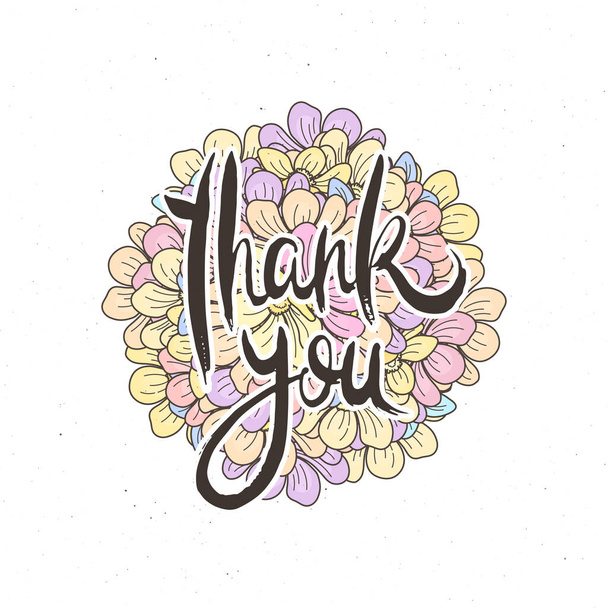 Thank You. Hand lettering grunge card with flower background. Handcrafted doodle letters in retro style. Hand-drawn vintage vector typography illustration - Vector, Image