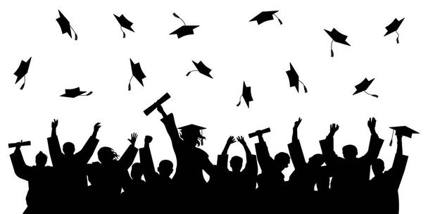 Alegres estudiantes graduados con diploma, lanzando gorras académicas, silueta. Graduación en la universidad o la universidad o la escuela. Ilustración vectorial. - Vector, imagen
