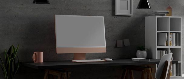 3D-Rendering, Home-Office-Raum mit Computertisch, Bücherregal oder -schrank und Dekoration, 3D-Illustration - Foto, Bild