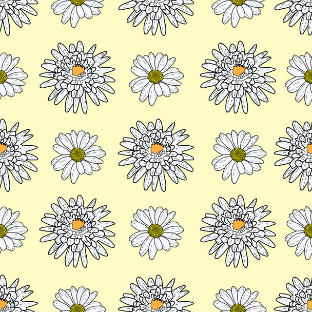 Vector yellow background daisy flowers and wild flowers. Seamless pattern background - Вектор, зображення