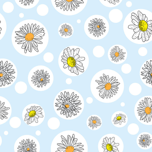 Vektori pastelli sininen tausta päivänkakkara kukkia ja luonnonvaraisia kukkia. Saumaton kuvio tausta - Vektori, kuva