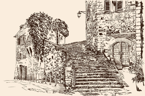 Ручний ескіз на бежевому тлі. Стара міська вулиця з кам'яними сходами та цегляними будинками
. - Вектор, зображення