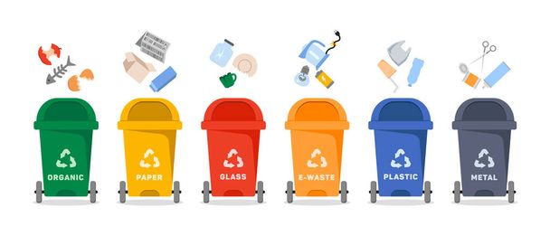 Conjunto vectorial de contenedores de reciclaje para residuos orgánicos, de papel, vidrio, electrónicos, plásticos y metálicos aislados sobre fondo blanco - Vector, Imagen
