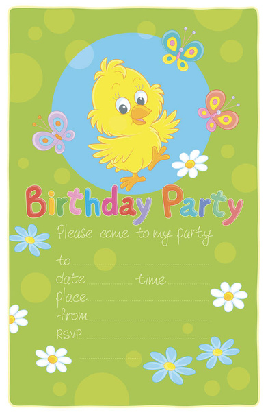 Invitation birthday party card with a happy little chick and merry colorful butterflies flittering over flowers on a pretty green lawn, vector cartoon illustration - Vektör, Görsel