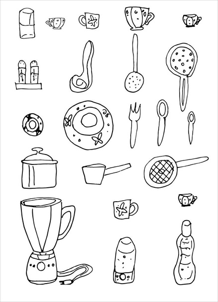 Szerszámok, konyhai eszközök, konyhai eszközök. Doodle stílusban. Vektorállomány illusztrációja. - Vektor, kép