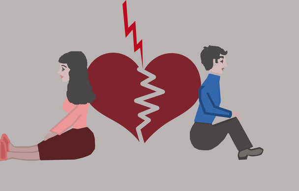 Abstracción. Conflicto. Un hombre triste y una mujer están sentados a ambos lados de un corazón roto por un rayo.  - Foto, Imagen