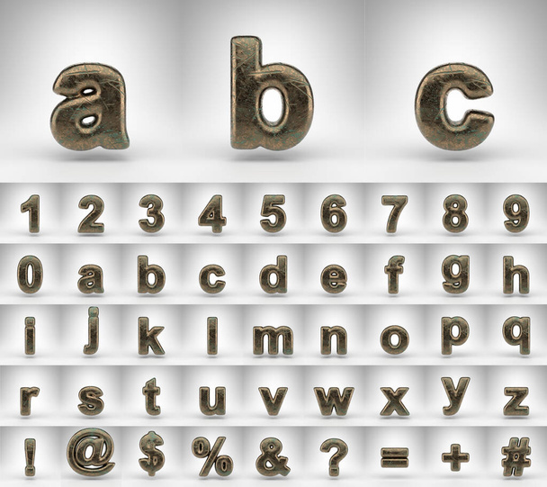 Бронзова абетка на білому тлі. Тривимірні номери літер і символи шрифтів з окисленою подряпаною текстурою
. - Фото, зображення