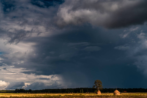 Драматический вид шельфового облака над полем, горизонтальное облако - Фото, изображение