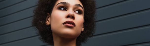encaracolado modelo americano africano olhando para longe enquanto posando fora, banner - Foto, Imagem
