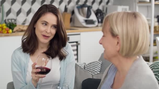 Vídeo de mano de dos mujeres de generación bebiendo vino en casa. Fotografía con cámara de helio RED en 8K. - Metraje, vídeo