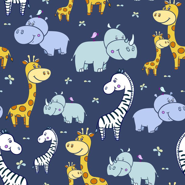 Seamless pattern with cute smiling Hippo and a bird on his head,zebra, giraffe with spots on a dark background.Cartoon hippopotamus. illustration for children.Print for fabric,textile,paper - Вектор,изображение
