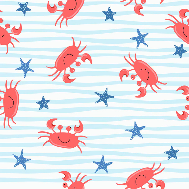 Seamless cute crab pattern, cartoon hand drawn animal doodles vector illustration background. - Vector, imagen