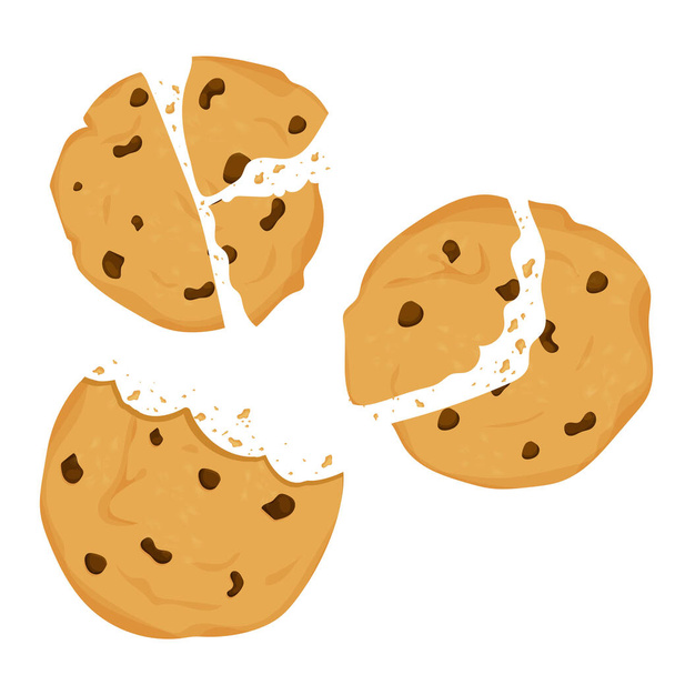 Set von Keksen mit Schokochips gebissen, gebrochen, Kekskrümel in Cartoon flachen Stil isoliert auf weißem Hintergrund. Snackbacken, traditionelle Bäckerei oder Dessert. - Vektor, Bild