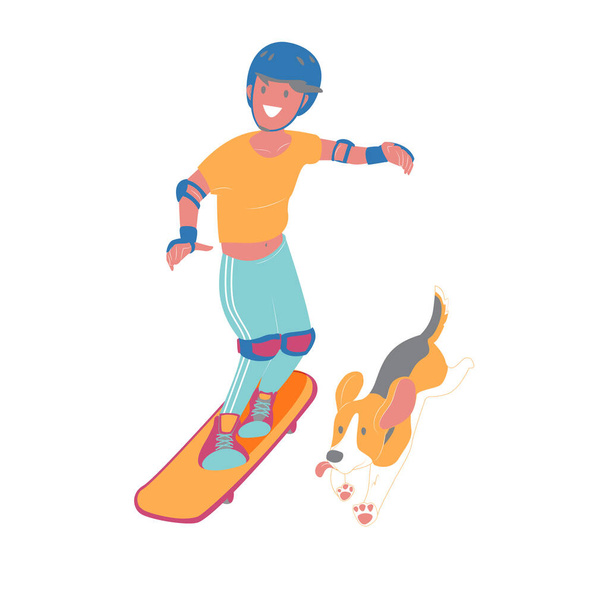 O menino correr de skate com seu cachorro cão beagle, vestindo equipamento de proteção evitar acidentes, esportes atividade ourdoor estilo, ilustração vetorial plana no fundo branco. - Vetor, Imagem